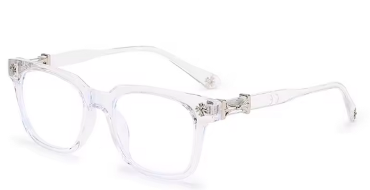 Gafas Bluora con filtro de luz azul, montura cuadrada transparente vista de tres cuartos
