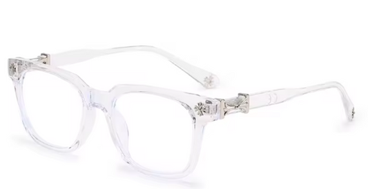 Gafas Bluora con filtro de luz azul, montura cuadrada transparente vista de tres cuartos